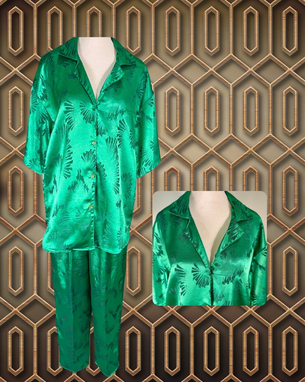 Vintage 80s 90s Body Drama Art Deco Jade Green Jacquard Loose Pants Pajama Set S
